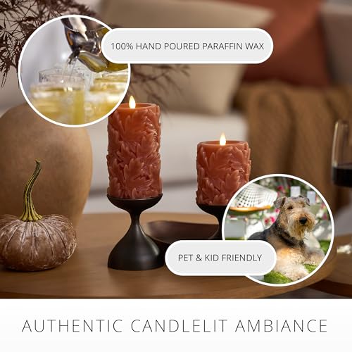 Caramel Cafe Flameless Pillar Candle 3.5x6.5 Inch Embossed Leaves Autumn Decor with Timer