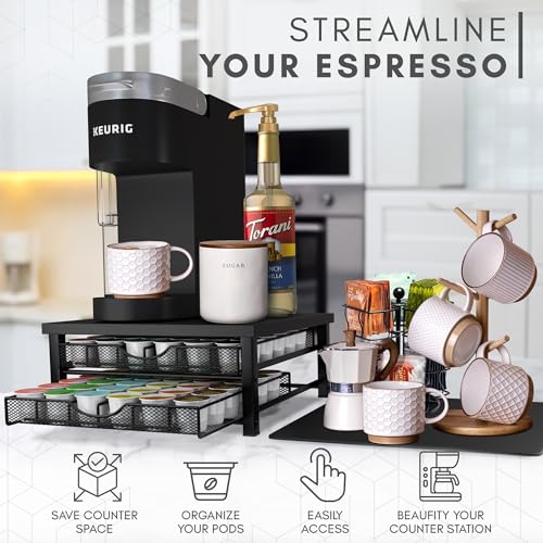 Black Coffee Pod Holder Organizer for Keurig - Coffee Station Storage, 72 Pods, Sliding Drawer