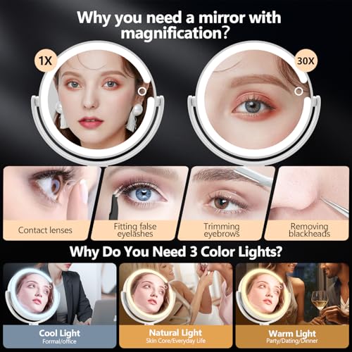 MIYADIVA White Makeup Mirror with Lights, 30X Magnification, Touch Control, Rechargeable Vanity Mirror with 3 Light Colors & 80 LEDs
