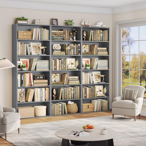 Tall Bookshelf with 6 Open Shelves - Dark Gray Bookcase, Modern Storage