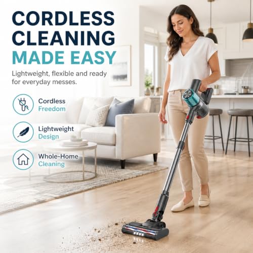 VACMOTOR Blue Cordless Stick Vacuum Cleaner for Pet Hair & Hardwood Floors, Self-Standing, Rechargeable with LED Display