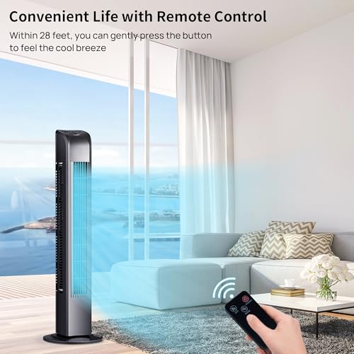 Uthfy Black Oscillating Tower Fan with Remote, 3 Modes & 3 Speeds, 7.5H Timer, Quiet Cooling for Bedroom & Living Room