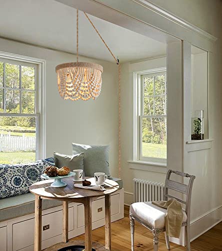 Plug-in Boho Chandelier with Natural Hemp Rope & Wooden Beads - Farmhouse Pendant Light with 14.8FT Cord, 3 E26 Bulb Bases, On/Off Switch, Natural Hemp Variation