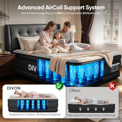 DIVON Black Queen Air Mattress with Built-in Pump, 18 Inch Raised Bed, Supports 800lb