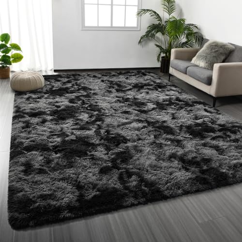 Tie-Dyed Dark Grey Shag Area Rug 6x9 ft Plush Faux Fur Fuzzy Carpet