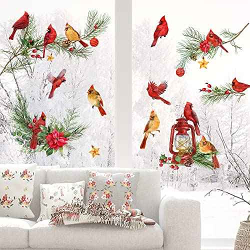 Mfault Winter Cardinal Window Clings 9 Sheets, Christmas Red Birds Glass Stickers Decal Poinsettia Pine Cone Bedroom Decorations, Xmas Kerosene Lamp Tree Branches Home Kitchen Living Room Decor