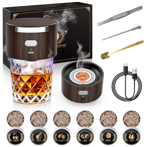 Aromara Brown Electric Whiskey Smoker Kit with 6 Flavor Wood Chips - Home Bar Gift Set