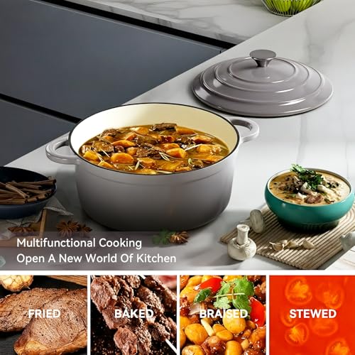 Miereirl 4.5 Quart Enameled Dutch Oven Pot with Lid, Cast Iron Dutch Oven with Dual Handles for Bread Baking, Cooking, Non-stick Enamel Coated Cookware (Beige)