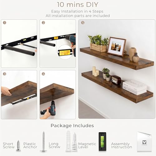 Vivelove Set of 2 Rustic Brown Floating Wall Shelves 48 x 8 Inches