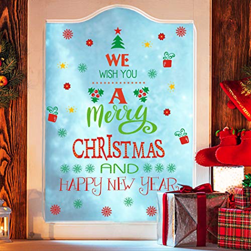 TOARTi Merry Christmas Quotes Wall Decals Happy New Year Quotes Stickers Christmas Tree Snowflake Stickers for Wall Christmas Party Supplies Christmas Window Clings