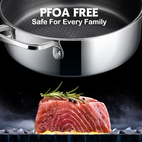 Stainless Steel Nonstick Frying Pan with Lid - 5 Quart Deep Saute Pan, 12 Inch, Oven & Dishwasher Safe, Works on All Cooktops - Variation: Stainless Steel / 5QT