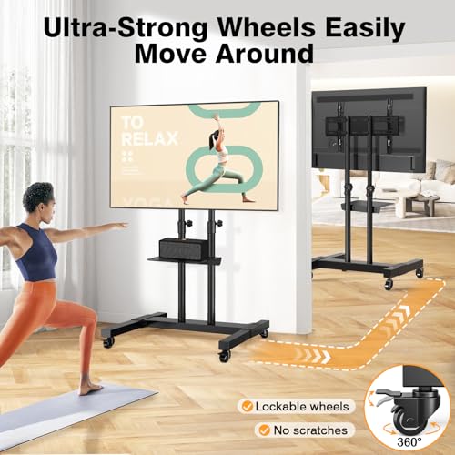 Mobile TV Stand with Mount for 32-83 Inch TVs - Adjustable Floor Cart with Locking Wheels