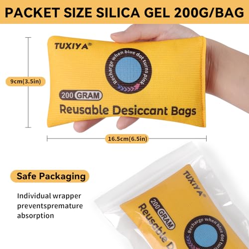 Rechargeable Silica Gel Desiccant Packets 24 Pack 200g Each - Reusable Moisture Absorbers with Indicator