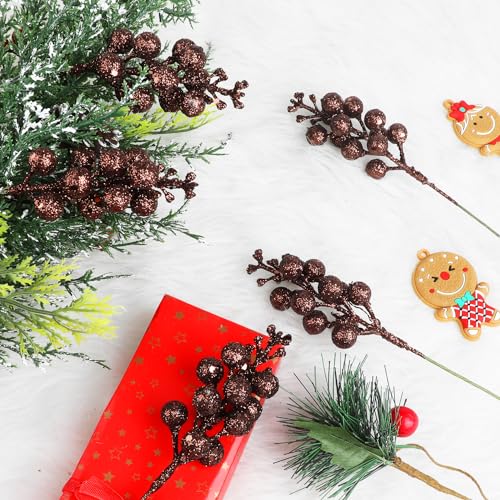 DIYASY Brown Glitter Berry Stems for Christmas Tree Decor, 20 Pcs