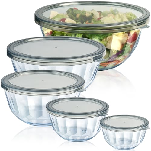 Glass Mixing Bowls Set with Airtight Lids - 5 Thick Borosilicate Kitchen Nesting Bowls