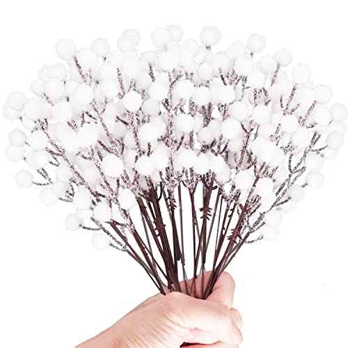 24Pcs Artificial White Berry Picks Snow Sprays Christmas Frosted Holly Berry Stems Twigs Winter Branches for Xmas Tree Fillers Decor Holiday Arrangements Wreaths Garland Crafts DIY Ornaments (White)