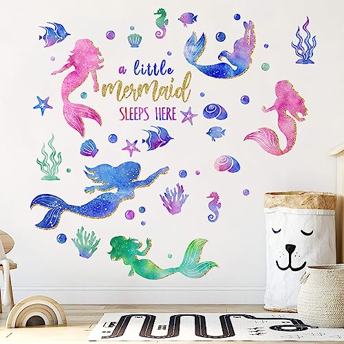 Yovkky Baby Girls Mermaid Wall Decals Stickers, Under The Sea Ocean Creatures Coastal Fish Bubble Glitter Nursery Kids Room Crib Decor, A Little Mermaid Sleeps Here Beach Home Decorations Bedroom Art