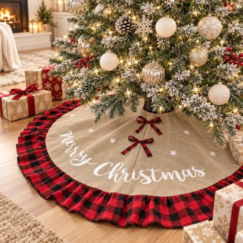 AISENO 48in Buffalo Plaid Linen Burlap Christmas Tree Skirt - Red & Black Edge
