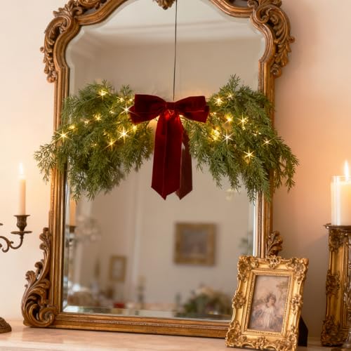 Battery-Operated Lighted Christmas Swag with Timer, Cedar Pine 32in Decor with Fairy Lights & Red Bow