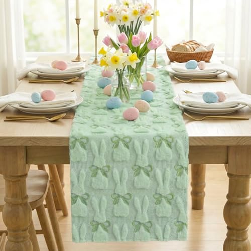 Artoid Mode Sage Green Faux Fur Jacquard Bunny Bow Table Runner 13x72 Inch for Easter & Spring Decor