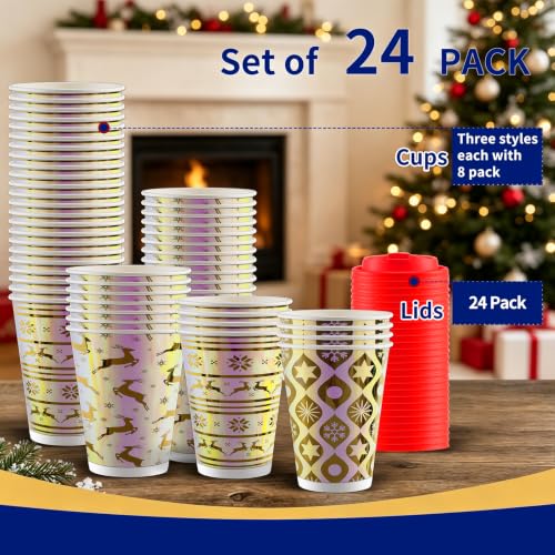Ironshelf 24-pack Iridescent Christmas Disposable Paper Coffee Cups, 16oz