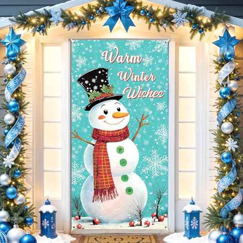 Christmas Door Cover Decorations Snowman Door Banner Warm Winter Wishes Front Door Hanging Porch Sign Xmas Party Photography for Christmas New Year Holiday Indoor Outdoor Decor Supplies