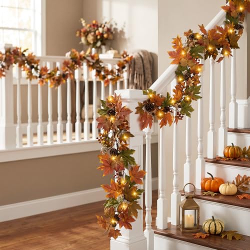 Autumn Maple Leaf Garland 9 Ft with 30 Warm Lights Fall Decor for Mantel & Outdoors