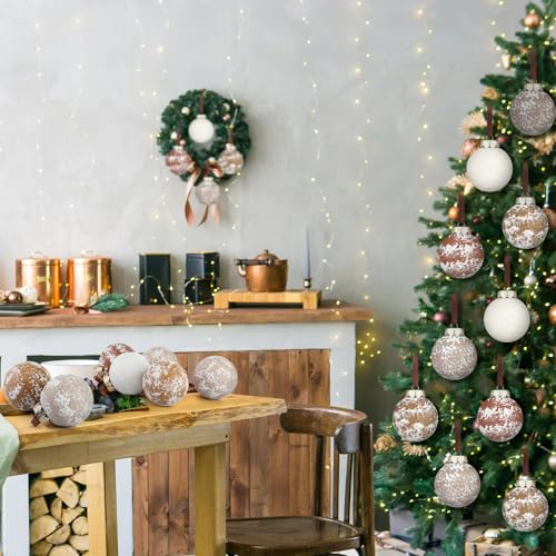 PullCrease 12 Pcs Light Brown Neutral Christmas Ornaments - Powder Matte Tree Decor