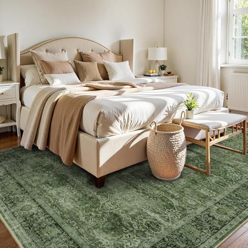 6'x9' Green Washable Vintage Distressed Floral Rug for Living Room - Zeeinx