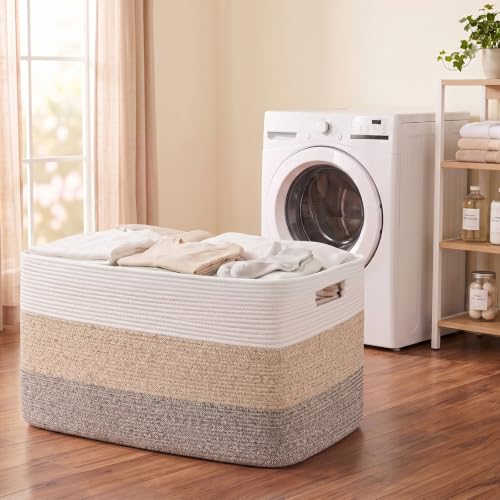 Large Cotton Rope Blanket Basket - Dog Toy Storage with Handles - Gradient Brown