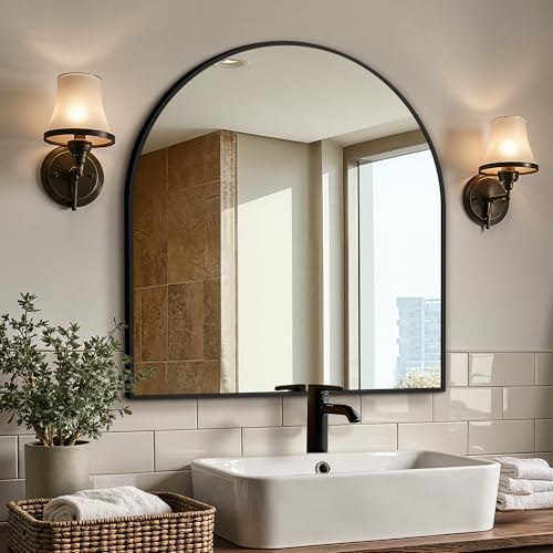 Arched Bathroom Vanity Mirror Black 32x30 Inches Over Sink Wall Decor - Variation: Black / 32"L x 30"W