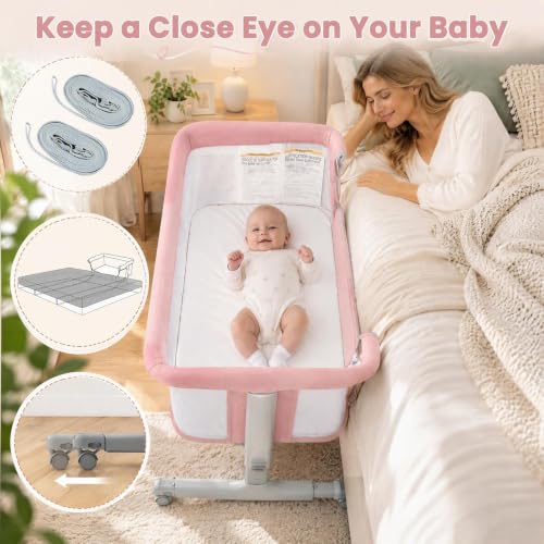 INFANS 3-in-1 Baby Bassinet Bedside Sleeper Pink 34x25x32 Inches with Rocking
