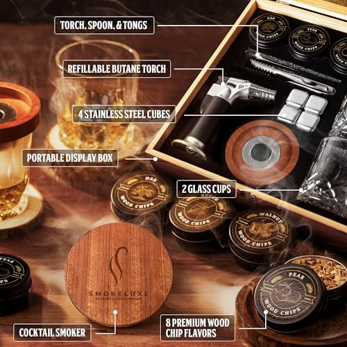 Whiskey Smoker Kit with 8 Wood Chip Flavors for Craft Cocktails & Gifts