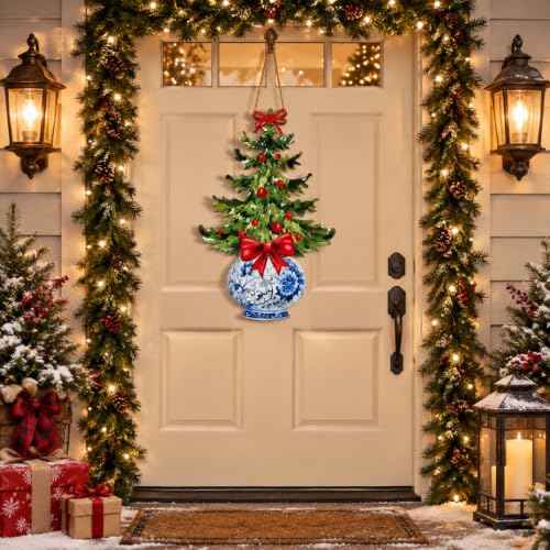 RattanView Chinoiserie Christmas Door Hanger 13.98 x 20.63 in, Red Bow