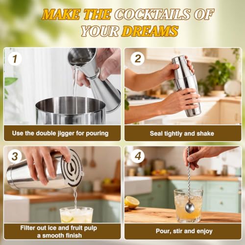 Silver Cocktail Shaker Set - 15-Piece Bartending Kit for Home & Bar
