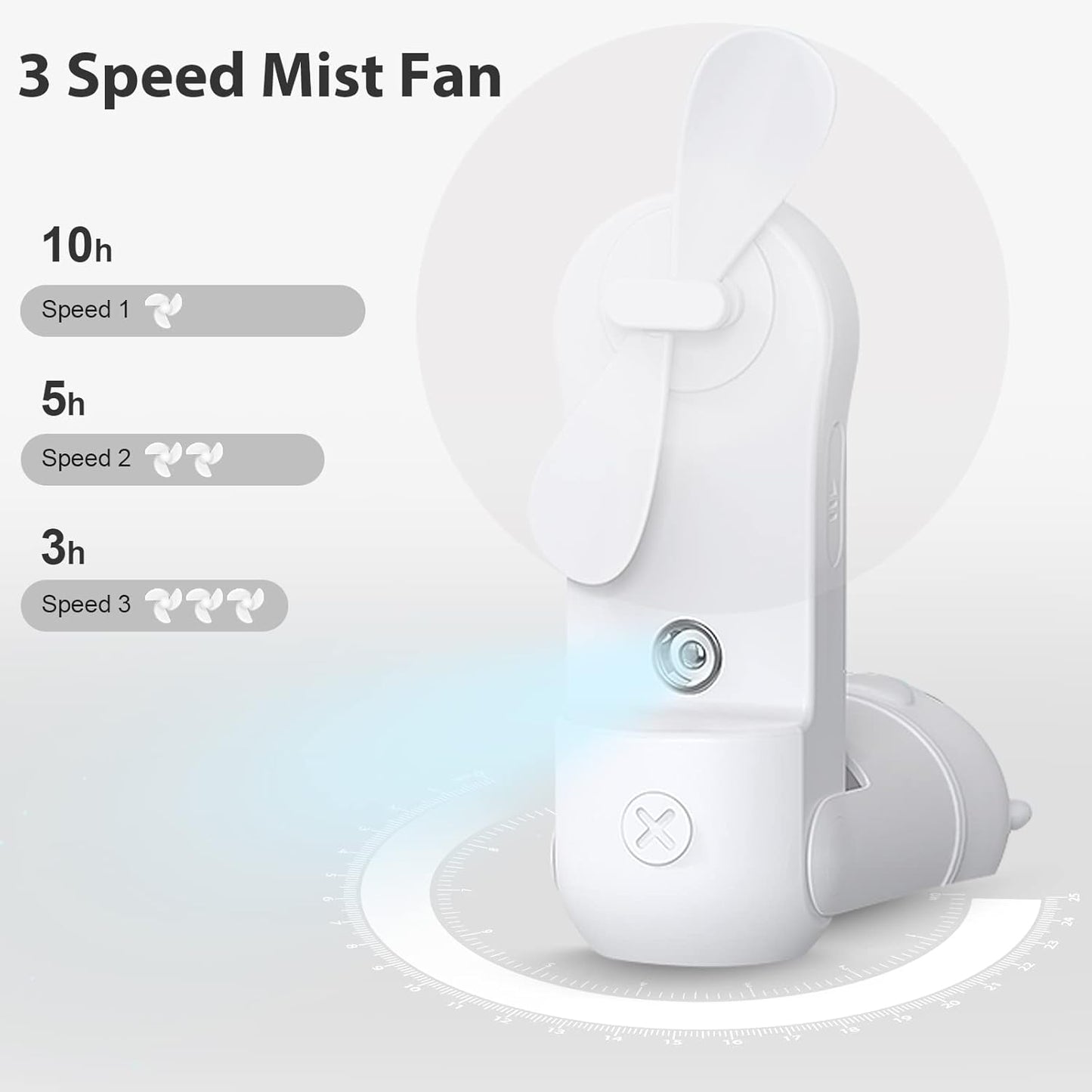 Skiennix Portable Misting Fan - Mini Handheld Fan with Rechargeable Battery & 3 Speed Settings | White