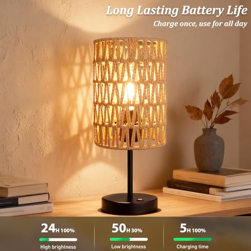 Rechargeable Outdoor Rattan Table Lamps Set of 2 - Beige Boho Cordless Patio & Indoor Lighting