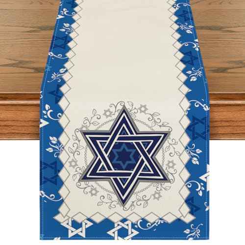 Artoid Mode Hexagram Hanukkah Table Runner, Star of David Jewish Menorah Passover Chanukah Holiday Kitchen Dining Table Decoration for Indoor Outdoor Home Party Decor 13 x 72 Inch