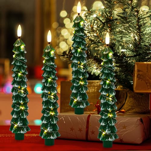 KunSwenn 4-Pack Flameless Christmas Tree Candles with Remote & String Lights