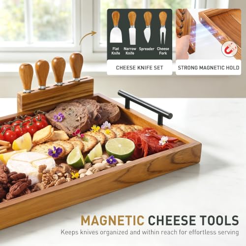 Socisen 36" Teak Charcuterie Board with 4-Piece Cheese Knife Set & Handles