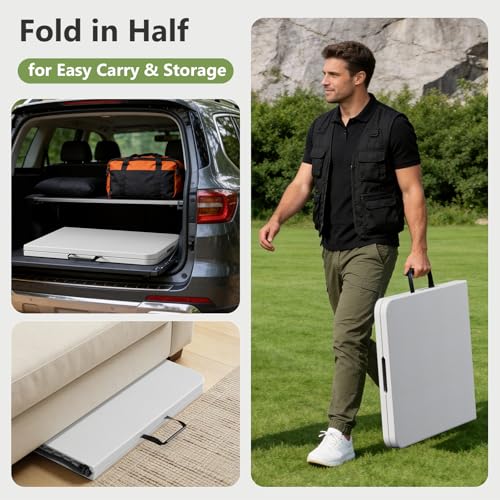 White 5 FT Foldable Plastic Utility Table with Carrying Handle - Heavy Duty Indoor & Outdoor Folding Table