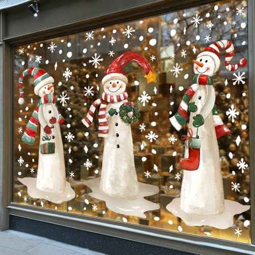 3 Sheets Christmas Extra Large Snowman Window Clings, Winter Snowflakes Xmas Window Stickers Decals for Indoor Outdoor Home Holiday Party Store Glass Decorations