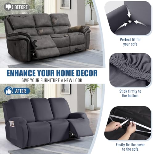 Recliner Sofa Slipcover 3 Piece Dark Gray Fit 3-Seat Reclining Couch