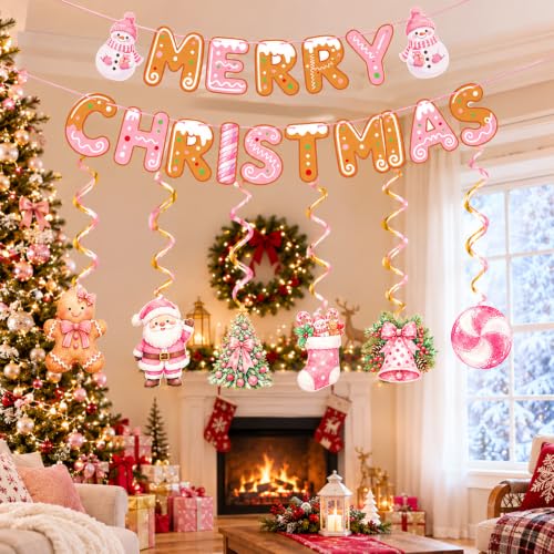 CANVVICH Merry Christmas Banner Garland with Hanging Swirls - Pre-Strung Holiday Decor