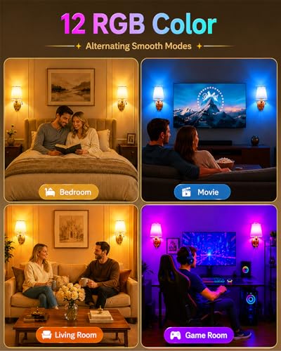 Battery Operated Wall Sconce - 12 RGB Colors & Dimmable, Gold - Wireless