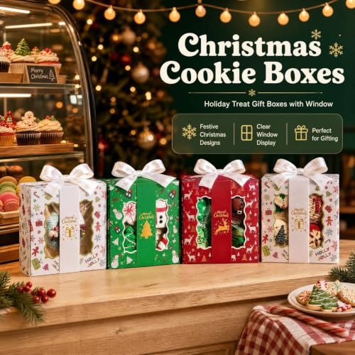 TEMLQPACK 48-Pack 6x6x2.5in Christmas Treat Boxes w/ Printed Sleeve - Multicolored-48