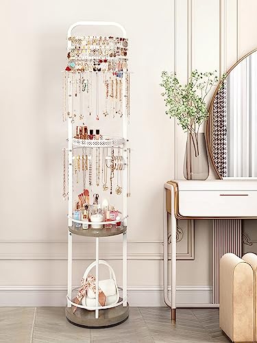 White Large Rotating Jewelry Tree & Organizer Stand with Earrings & Necklace Storage