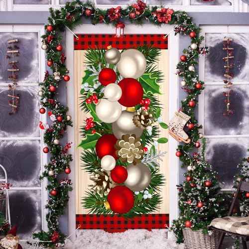 Buryeah Christmas Door Cover Christmas Ball Door Decorations Xmas Photography Background Banner Porch Sign for Front Outdoor Winter Holiday Farmhouse Party Supplies 70.9 x 35.4''