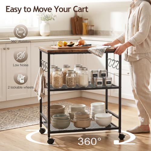 3-Tier Rolling Kitchen Cart with Storage and Lockable Wheels - Rustic Brown