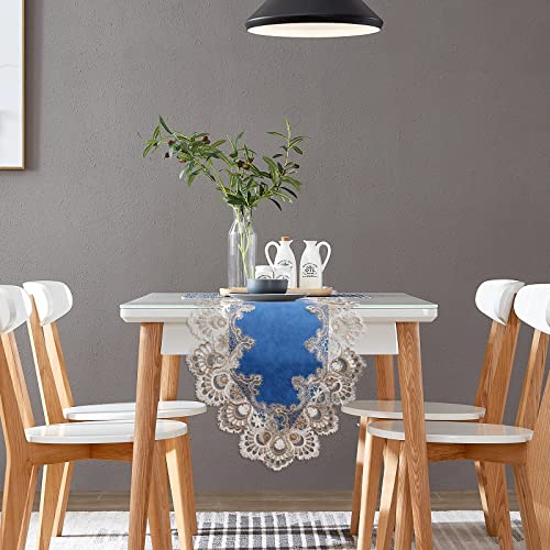 Blue 16x120 Inch Vintage Lace Table Runner - 120" PU/Poly with Macrame Edge